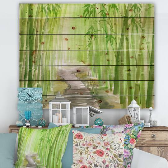 Designart - Green Bamboo Forest - Traditional Print on Natural Pine Wood